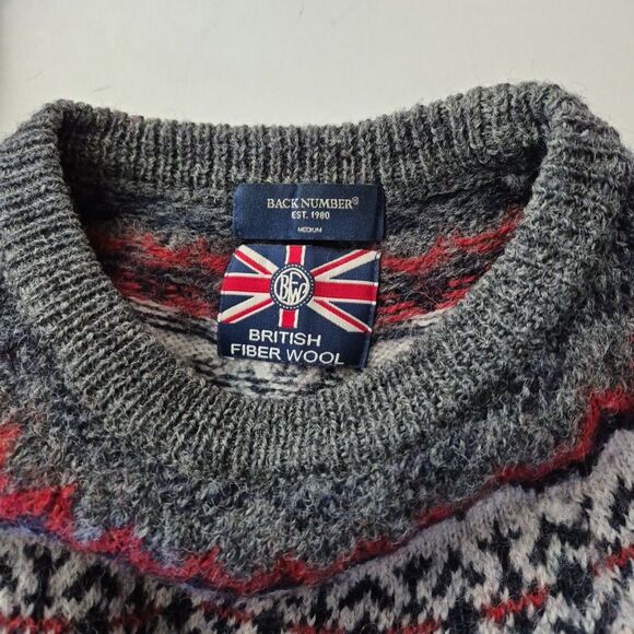 British Fiber Wool Gray Fair Isle Long Sleeve Crewneck Sweater Womens Medium - Picture 7 of 8
